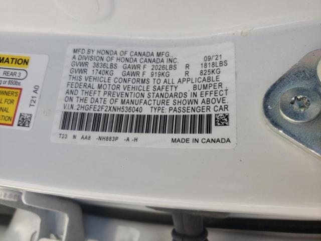 Photo 10 from auction – 2022 HONDA CIVIC LX with VIN 2HGFE2F2XNH536040