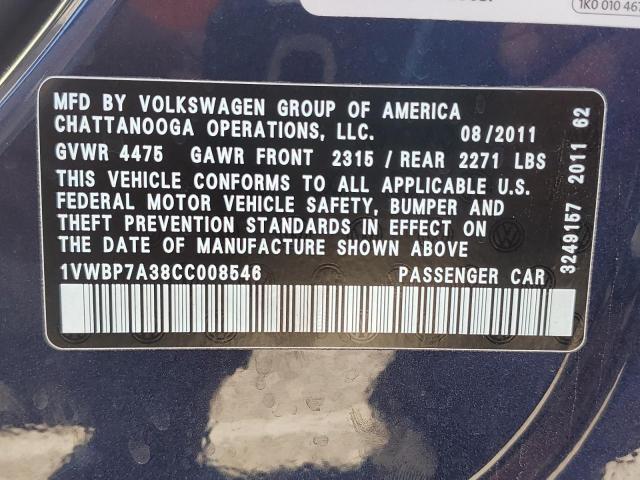 Photo 10 from auction – 2012 VOLKSWAGEN PASSAT SE with VIN 1VWBP7A38CC008546
