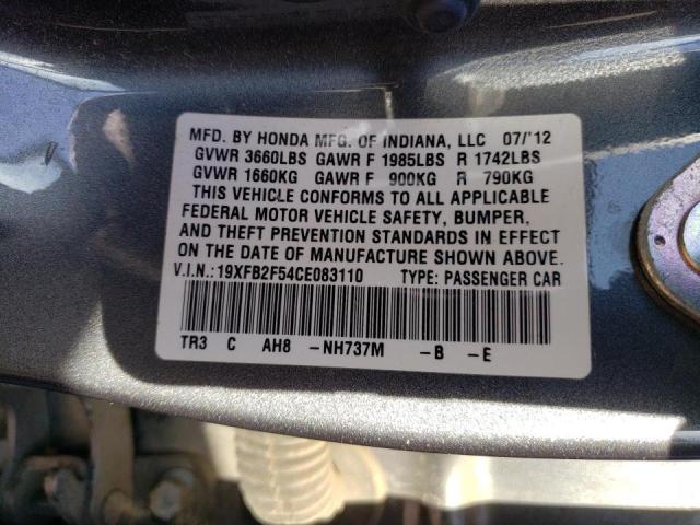 Photo 10 from auction – 2012 HONDA CIVIC LX with VIN 19XFB2F54CE083110