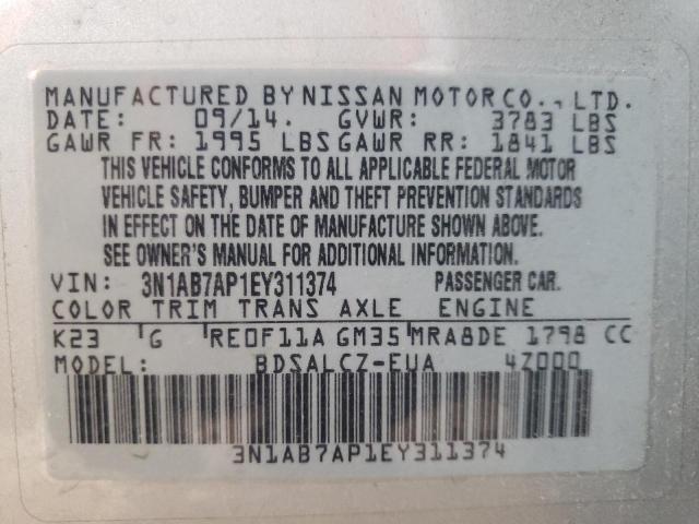 Photo 10 from auction – 2014 NISSAN SENTRA S with VIN 3N1AB7AP1EY311374