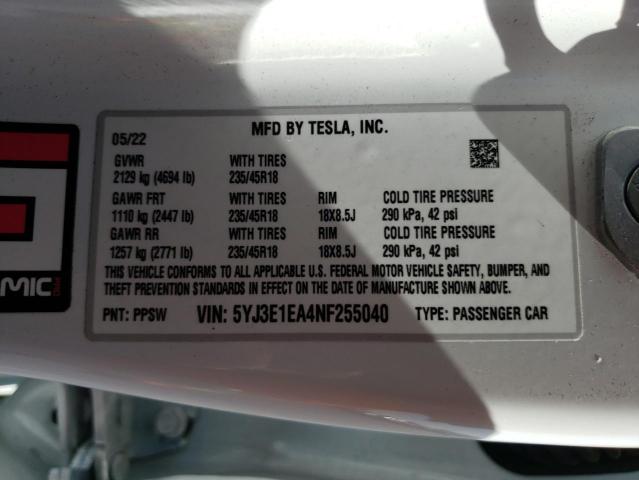 Photo 10 from auction – 2022 TESLA MODEL 3 with VIN 5YJ3E1EA4NF255040