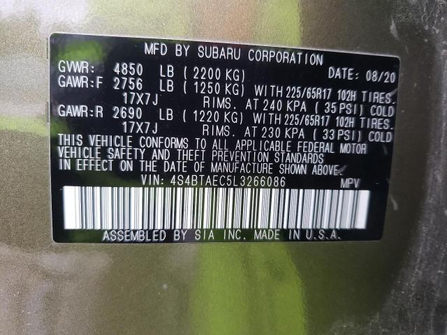 Photo 10 from auction – 2020 SUBARU OUTBACK PR with VIN 4S4BTAEC5L3266086