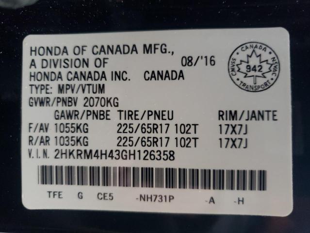 Photo 10 from auction – 2016 HONDA CR-V SE with VIN 2HKRM4H43GH126358
