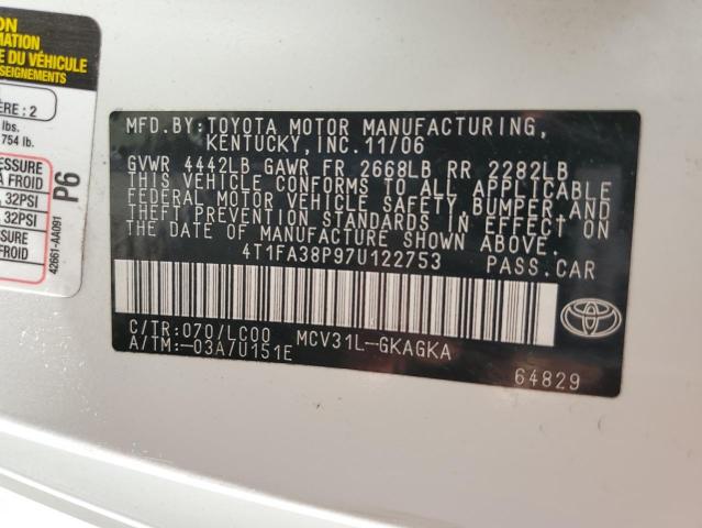 Photo 10 from auction – 2007 TOYOTA CAMRY with VIN 4T1FA38P97U122753