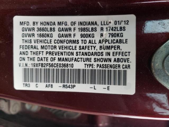 Photo 10 from auction – 2012 HONDA CIVIC LX with VIN 19XFB2F56CE036810