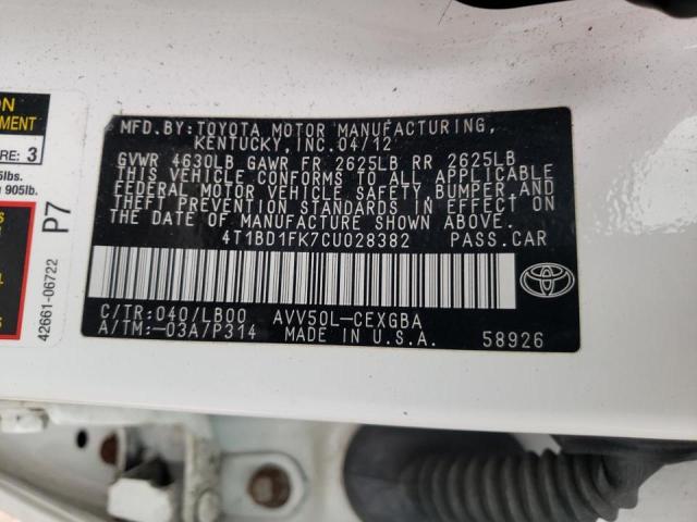 Photo 10 from auction – 2012 TOYOTA CAMRY HYBR with VIN 4T1BD1FK7CU028382