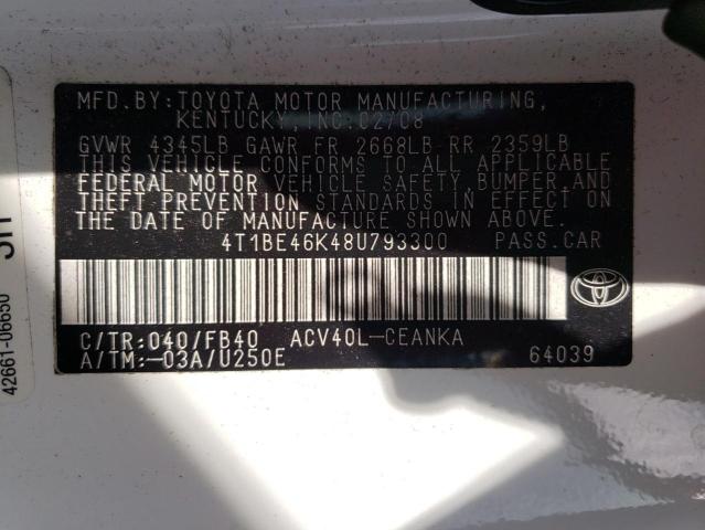 Photo 10 from auction – 2008 TOYOTA CAMRY CE with VIN 4T1BE46K48U793300