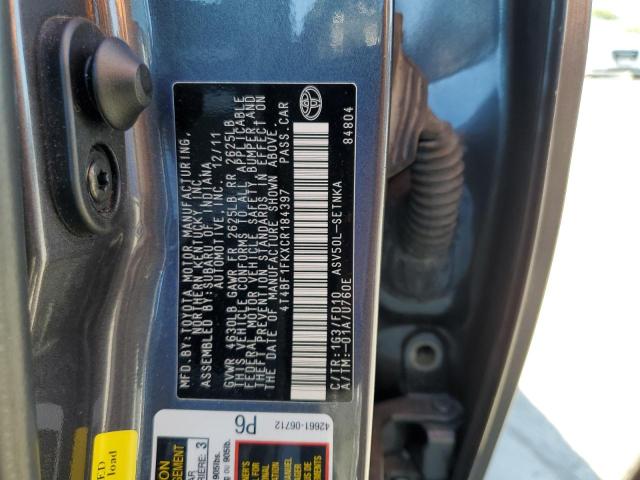 Photo 10 from auction – 2012 TOYOTA CAMRY BASE with VIN 4T4BF1FKXCR184397