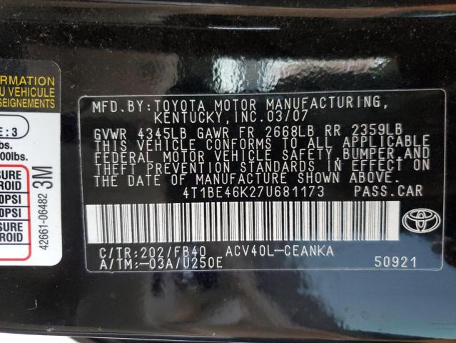 Photo 10 from auction – 2007 TOYOTA CAMRY CE with VIN 4T1BE46K27U681173
