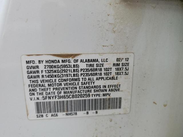 Photo 10 from auction – 2012 HONDA PILOT EXL with VIN 5FNYF3H65CB020259