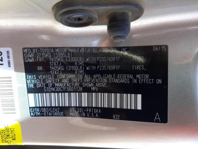 Photo 10 from auction – 2015 TOYOTA SIENNA XLE with VIN 5TDYK3DC7FS601138