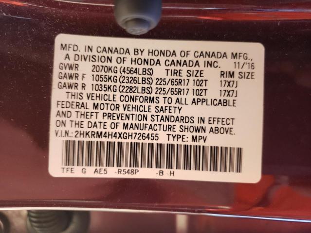Photo 10 from auction – 2016 HONDA CR-V SE with VIN 2HKRM4H4XGH726455
