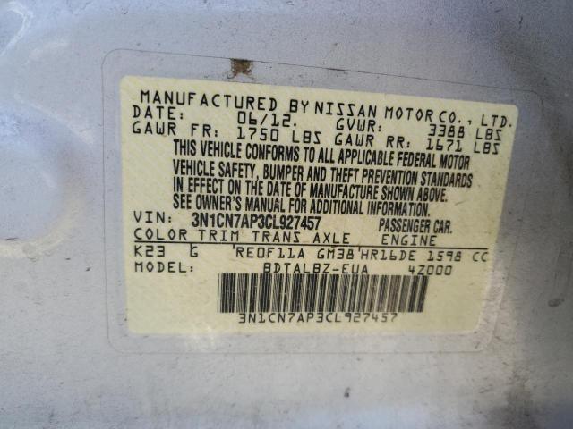 Photo 10 from auction – 2012 NISSAN VERSA S with VIN 3N1CN7AP3CL927457
