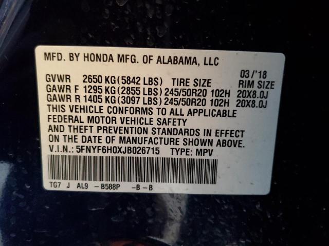 Photo 10 from auction – 2018 HONDA PILOT ELIT with VIN 5FNYF6H0XJB026715