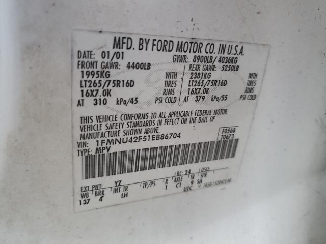 Photo 10 from auction – 2001 FORD EXCURSION with VIN 1FMNU42F51EB86704