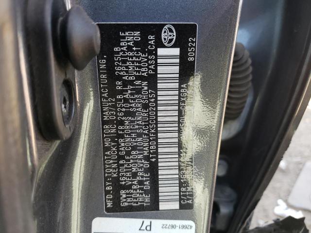 Photo 10 from auction – 2012 TOYOTA CAMRY HYBR with VIN 4T1BD1FK5CU020457