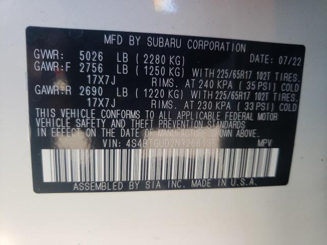 Photo 10 from auction – 2022 SUBARU OUTBACK WI with VIN 4S4BTGUD2N3268135