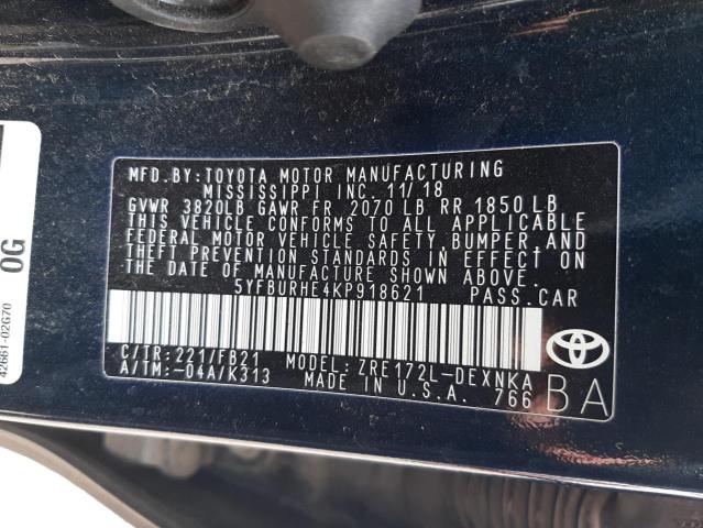 Photo 10 from auction – 2019 TOYOTA COROLLA L/ with VIN 5YFBURHE4KP918621
