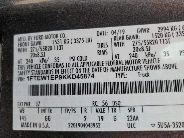 Photo 10 from auction – 2019 FORD F150 SUPER with VIN 1FTEW1EP9KKD45874
