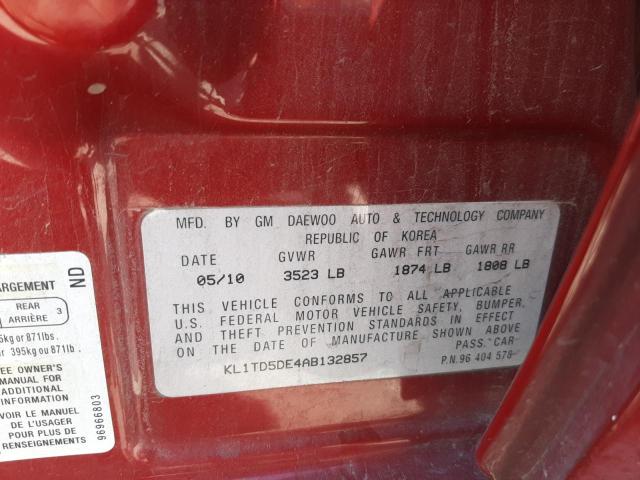 Photo 10 from auction – 2010 CHEVROLET AVEO LS with VIN KL1TD5DE4AB132857