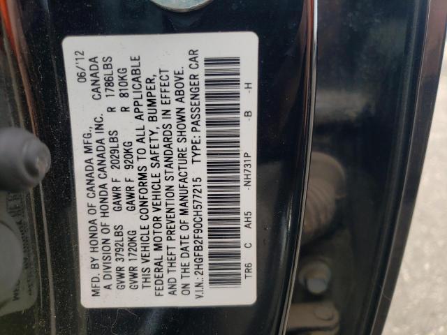 Photo 10 from auction – 2012 HONDA CIVIC EXL with VIN 2HGFB2F90CH577215