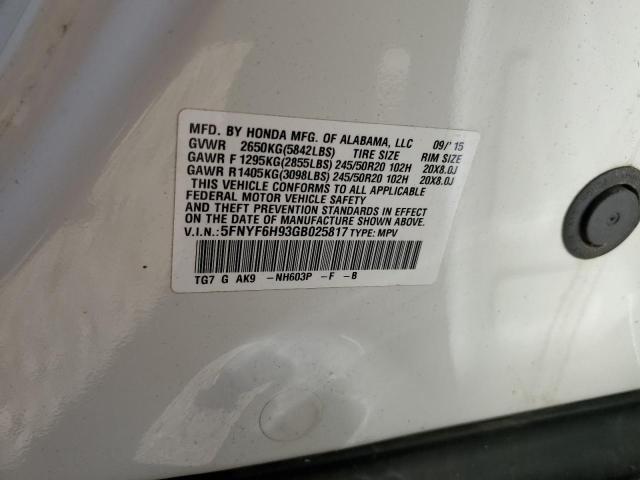 Photo 10 from auction – 2016 HONDA PILOT TOUR with VIN 5FNYF6H93GB025817