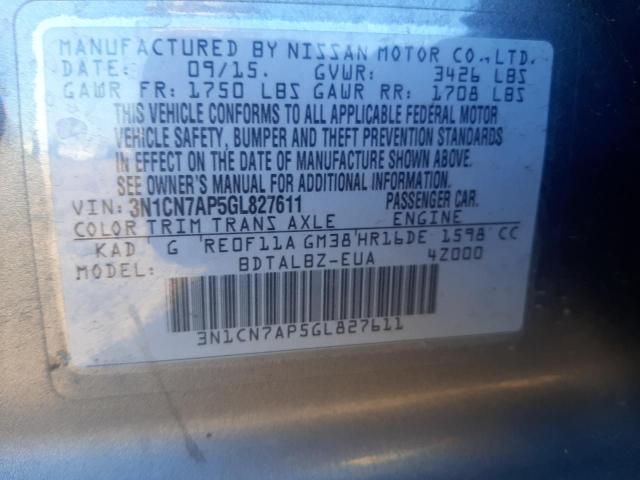 Photo 10 from auction – 2016 NISSAN VERSA S with VIN 3N1CN7AP5GL827611