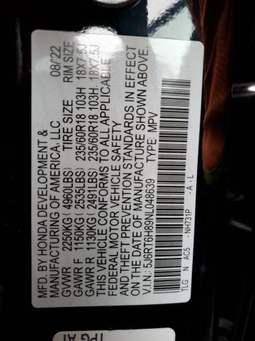 Photo 10 from auction – 2022 HONDA CR-V EXL with VIN 5J6RT6H89NL048639