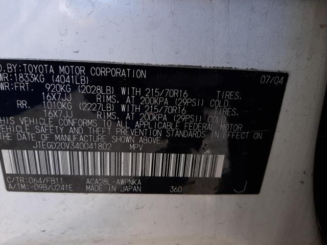 Photo 10 from auction – 2004 TOYOTA RAV4 with VIN JTEGD20V340041802