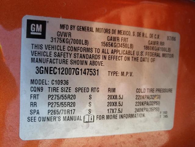 Photo 10 from auction – 2007 CHEVROLET AVALANCHE with VIN 3GNEC12007G147531