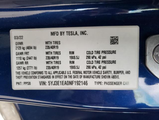 Photo 10 from auction – 2022 TESLA MODEL 3 with VIN 5YJ3E1EA0NF192146