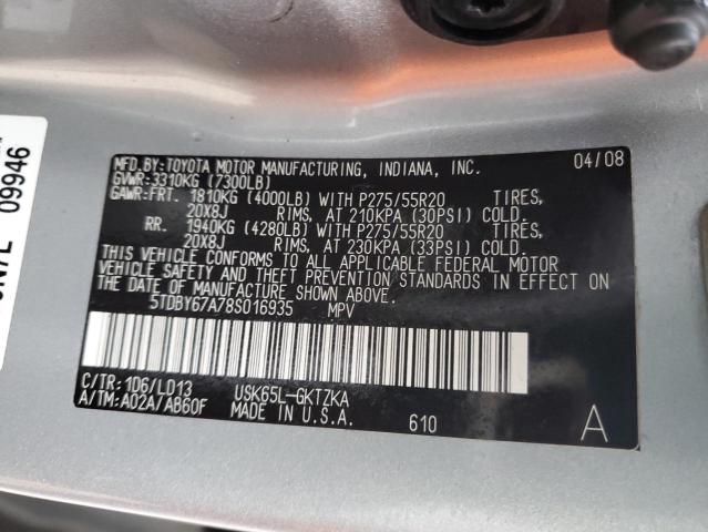 Photo 10 from auction – 2008 TOYOTA SEQUOIA PL with VIN 5TDBY67A78S016935