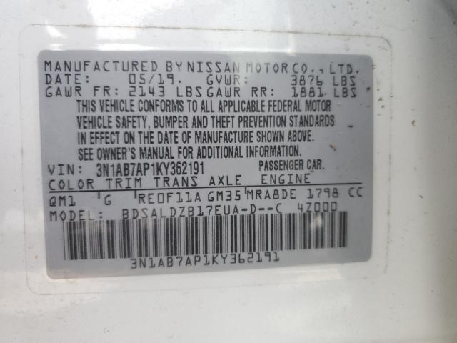 Photo 10 from auction – 2019 NISSAN SENTRA S with VIN 3N1AB7AP1KY362191