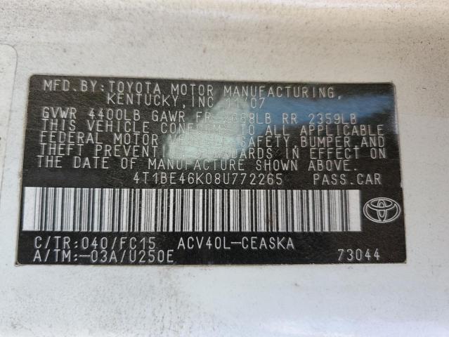 Photo 10 from auction – 2008 TOYOTA CAMRY CE with VIN 4T1BE46K08U772265