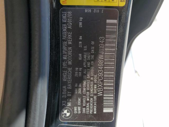 Photo 10 from auction – 2008 BMW X3 3.0SI with VIN WBXPC93498WJ11943