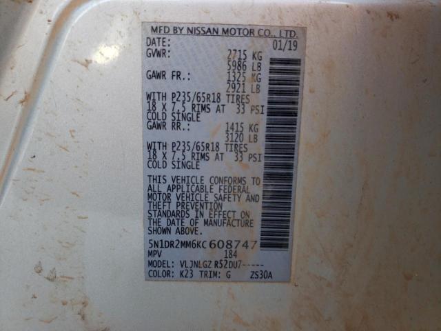 Photo 10 from auction – 2019 NISSAN PATHFINDER with VIN 5N1DR2MM6KC608747