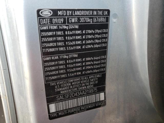 Photo 10 from auction – 2010 LAND ROVER RANGE ROVE with VIN SALSF2D43AA219975