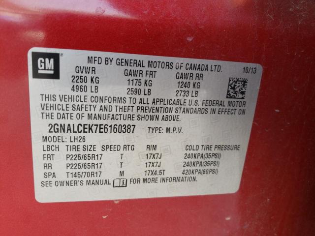 Photo 10 from auction – 2014 CHEVROLET EQUINOX LT with VIN 2GNALCEK7E6160387