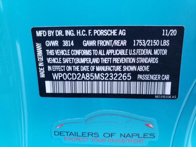 Photo 10 from auction – 2021 PORSCHE BOXSTER GT with VIN WP0CD2A85MS232265