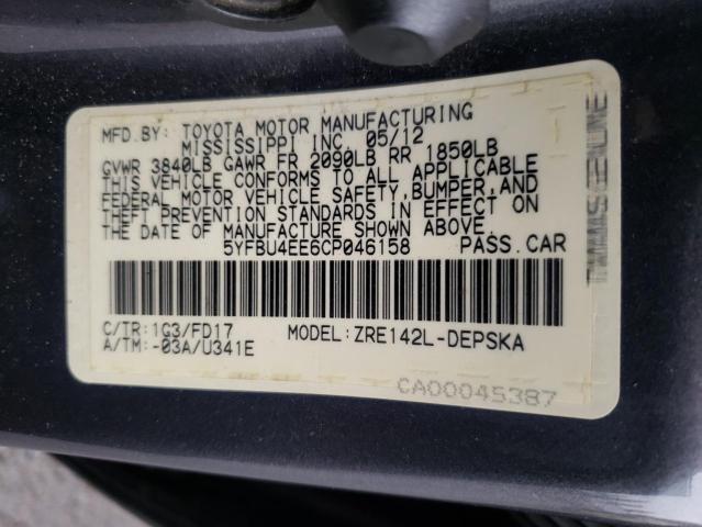 Photo 10 from auction – 2012 TOYOTA COROLLA BA with VIN 5YFBU4EE6CP046158