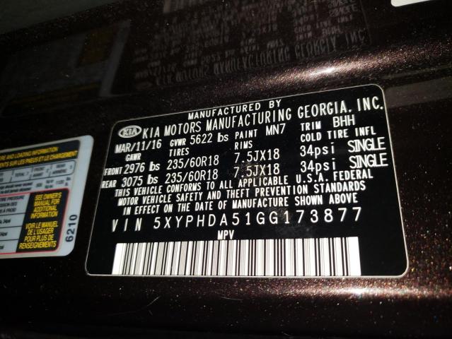 Photo 10 from auction – 2016 KIA SORENTO EX with VIN 5XYPHDA51GG173877