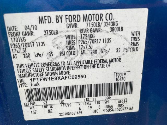 Photo 10 from auction – 2010 FORD F150 SUPER with VIN 1FTFW1E8XAFC09550