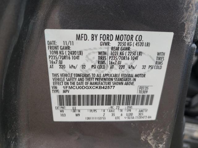 Photo 10 from auction – 2012 FORD ESCAPE XLT with VIN 1FMCU0DGXCKB42577