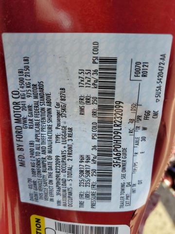 Photo 10 from auction – 2020 FORD FUSION SE with VIN 3FA6P0HD9LR232099