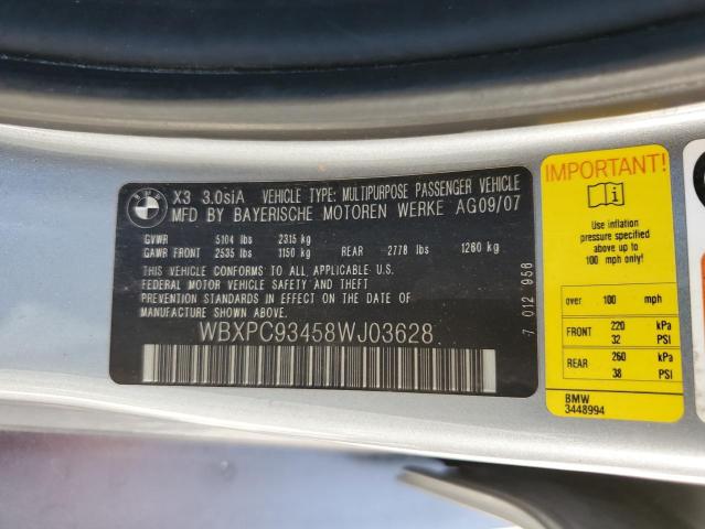 Photo 10 from auction – 2008 BMW X3 3.0SI with VIN WBXPC93458WJ03628