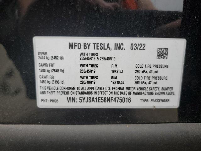 Photo 10 from auction – 2022 TESLA MODEL S with VIN 5YJSA1E58NF475016