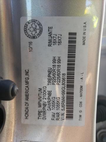 Photo 10 from auction – 2016 HONDA CR-V TOURI with VIN 5J6RM4H99GL809618