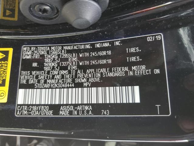 Photo 10 from auction – 2019 TOYOTA HIGHLANDER with VIN 5TDZARFH2KS048444