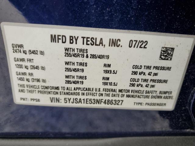 Photo 10 from auction – 2022 TESLA MODEL S with VIN 5YJSA1E53NF486327