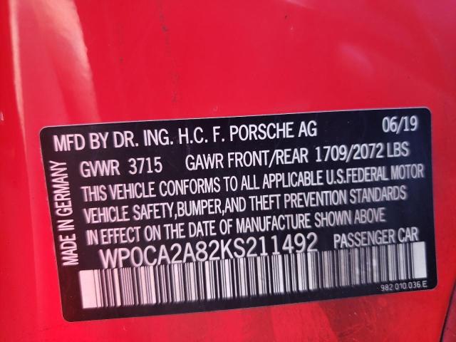 Photo 10 from auction – 2019 PORSCHE BOXSTER BA with VIN WP0CA2A82KS211492